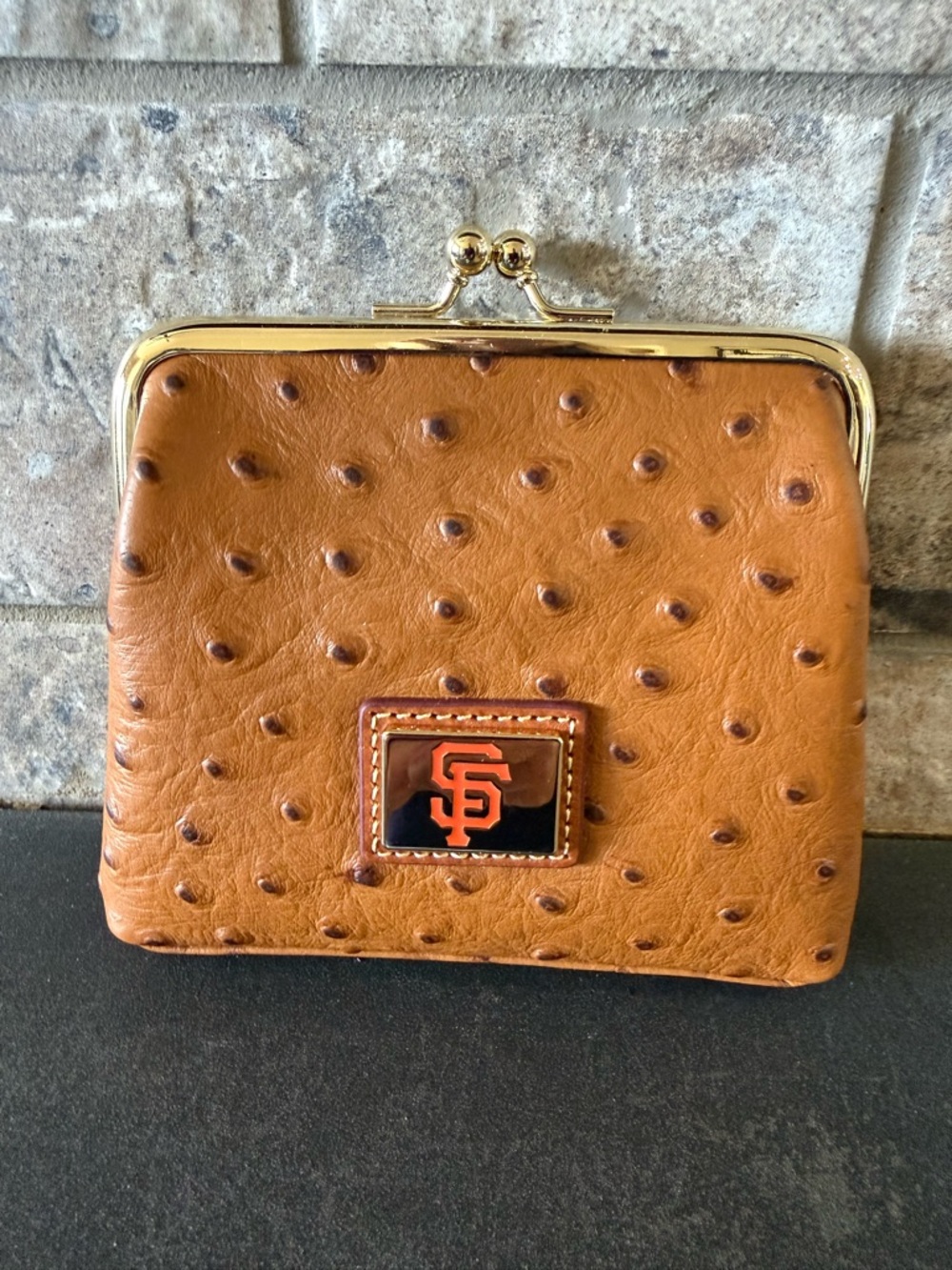 Dooney & Bourke Tan Ostrich-Embossed Kiss-Lock Wallet with Gold Hardware